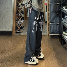 美式高街印花牛仔裤男秋季宽松百搭水洗直筒拖地长裤K7398-P41，男装牛仔裤，星座512-3