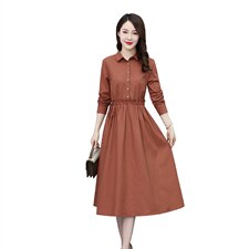 高档长袖棉麻连衣裙女2023秋季新款气质收腰显瘦休闲百搭纯色裙子，女装连衣裙，鑫思依格