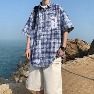 美式扎染格子短袖衬衫男潮牌高街刺绣痞帅休闲宽松翻领五分袖衬衣