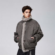 现货重磅硬挺boxy羽绒棉衣座山雕大毛毛领洗水麂皮棉服冬外套，男装棉衣，电商A486