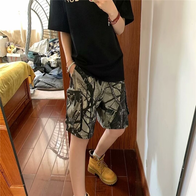 廓形立体口袋美式过膝树枝印花五分裤休闲短裤 DA82图片