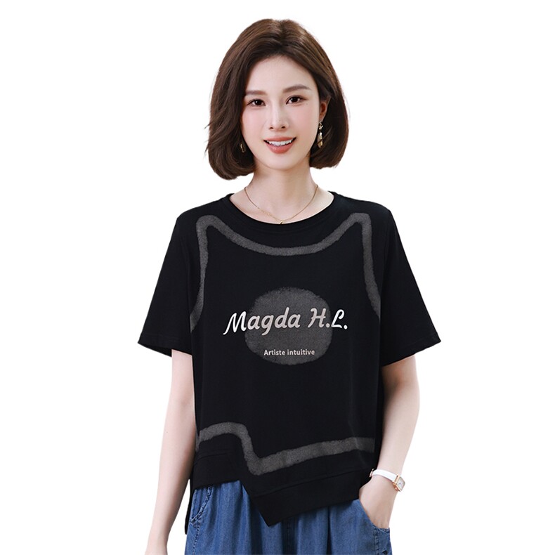 休闲运动女夏季2025新款洋气显瘦冰丝短袖假两件束脚裤,女装T恤,叶笙衣