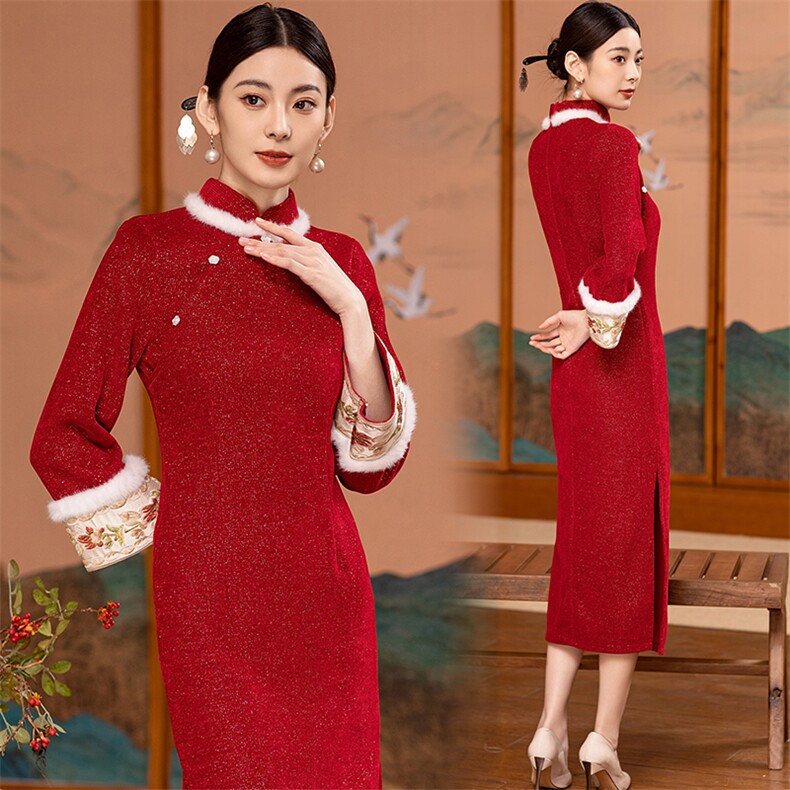 芷墨春季新款简约新中式重工刺绣打底连衣裙复古红色拜年旗袍裙女，女装连衣裙，芷墨服饰