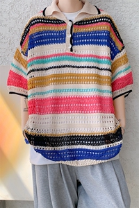 8XL-M 特大码美式复古条纹撞色针织POLO衫翻领休闲短袖TDX311P35图片