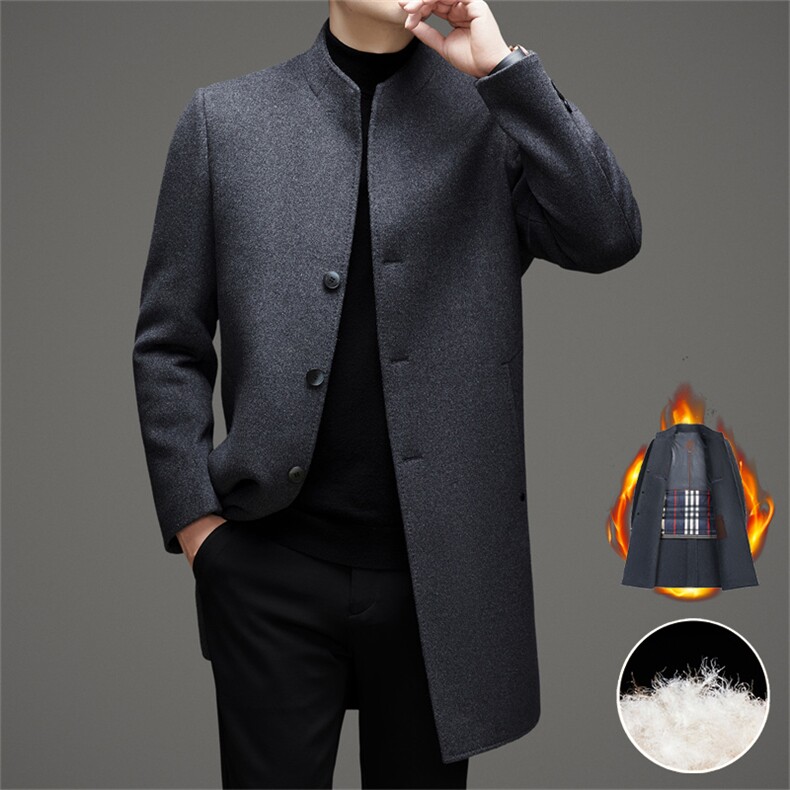 主推风长款羊毛呢羽绒大衣男中式中山装领羽绒内胆双面呢外套，男装毛呢大衣，钱塘723