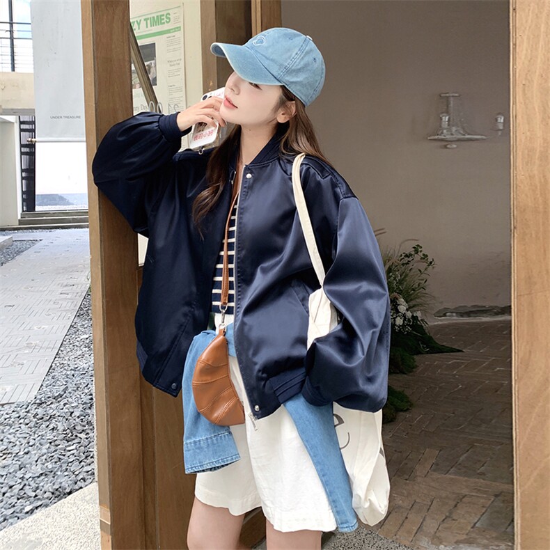 韩系学院风棒球服外套女2025秋季新款洋气宽松休闲短款藏青色夹克图片