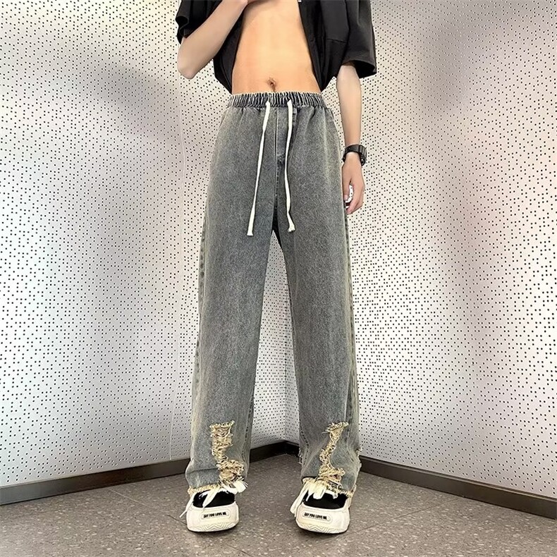 设计感高级oversize裤脚破洞牛仔裤美式高街直筒K743310B-2-P40,男装牛仔裤,星座310B-2