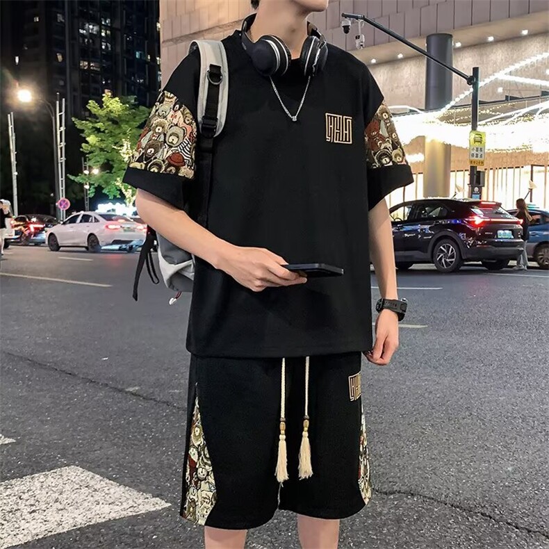 潮休闲运动套装男夏季宽松薄款短袖短裤两件套大码男装冰丝t恤,男装牛仔裤,星座1210-1