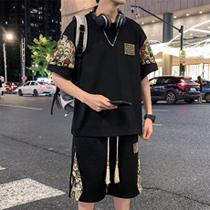 潮休闲运动套装男夏季宽松薄款短袖短裤两件套大码男装冰丝t恤，男装牛仔裤，星座1210-1