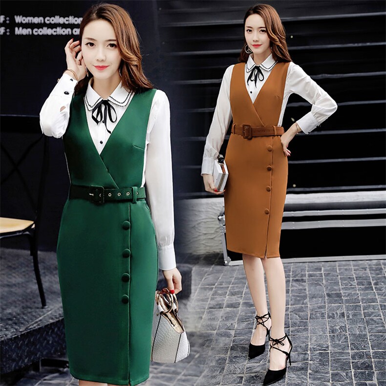 套装/套裙韩版百搭时尚优雅2020年春季长袖纯色内衣+V领无袖纯色中腰显瘦修身背心裙，女装套装/套裙，贵人树