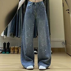 有货。。满天星烫钻阔腿牛仔裤女时髦亮闪闪拖地裤潮RK3380-P53，男装牛仔裤，星座412-3