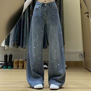 有货。。满天星烫钻阔腿牛仔裤女时髦亮闪闪拖地裤潮RK3380-P53图片