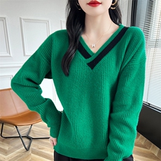 交叉V领100%纯羊毛衫女拼色提花加厚长袖毛衣宽松羊绒衫打底上衣，女装羊毛衫，蒙特羊绒