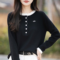 拼色圆领精纺羊毛衫长袖针织毛衣女士字母刺绣纽扣打底衫宽松上衣，女装针织衫/毛衣，佰米娇羊绒
