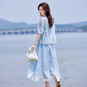 蓝色连衣裙套装女2025新款韩系夏日穿搭一整套短袖吊带裙子三件套图片