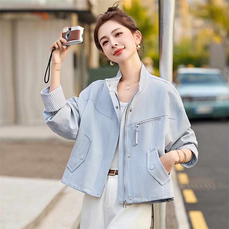 条纹袖口休闲短款蓝色外套女2026春秋新款小个子减龄百搭夹克上衣,女装短外套,美沁
