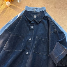 美式复古短袖牛仔衬衫男女夏季薄款宽松高街情侣衬衣潮S3512-P40，男装T恤，星座1008-1