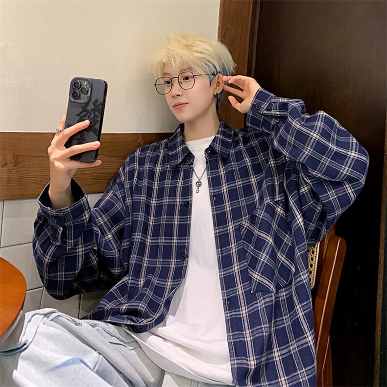 2025春季衬衣男新款港风宽松大码磨毛长袖格子衬衫CS530-P38(现货，男装衬衫，星座214-3
