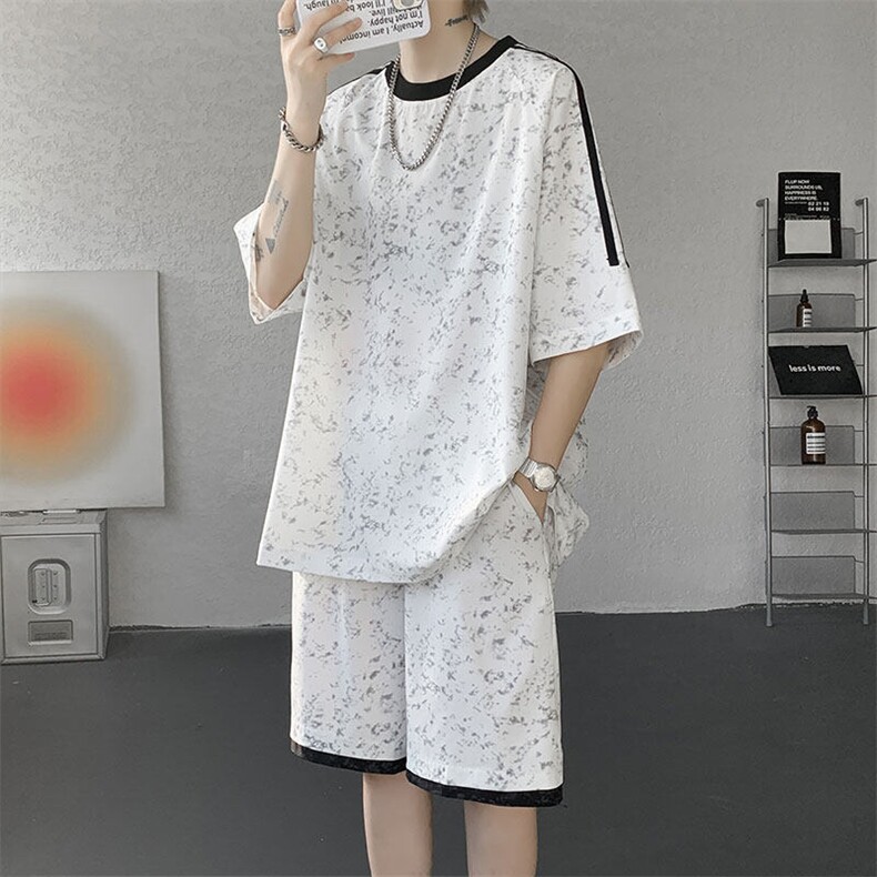 TZ787-特批55控98夏季休闲百搭扎染冰丝大码T恤短袖短裤套装男,男装牛仔裤,电商A059