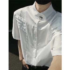 黑色褶皱垫肩衬衫短袖男款痞帅高级感发型师潮牌男装英伦雅痞衬衣图片