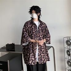 复古冰丝碎花衬衫男生短袖垂感痞帅宽松古着衬衣外套C47，男装衬衫，星座1116A-1（原606A）