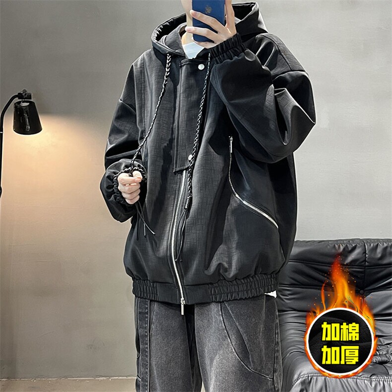 现货高品质美式高街重磅座山雕连帽pu皮棉衣男女加厚毛毛绒冬外套,男装皮衣,电商A486-1