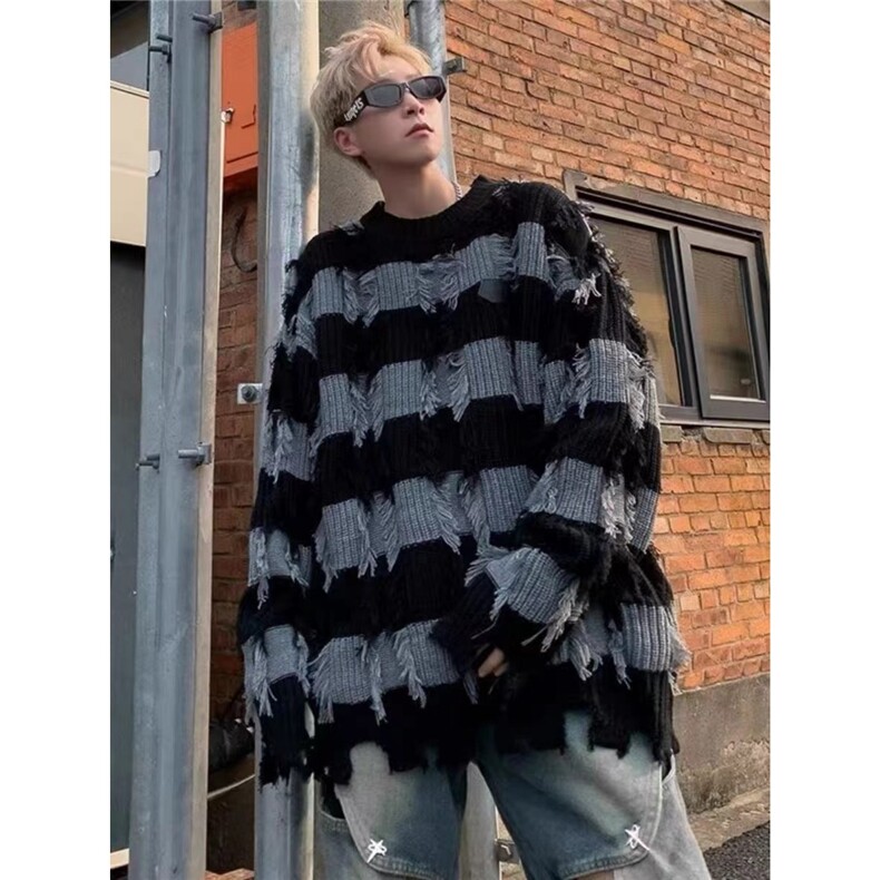 流苏破坏感针织毛衣男秋冬圆领潮牌慵懒风上衣外套，男装针织衫/毛衣，星座506A