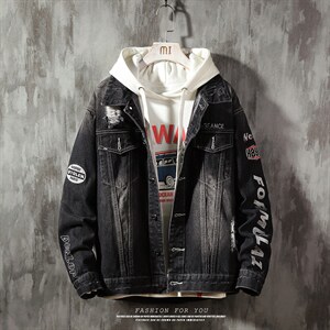 jk818-p80 M-5XL网格ins牛仔夹克拉链破洞大码男日系CITYBOY图片