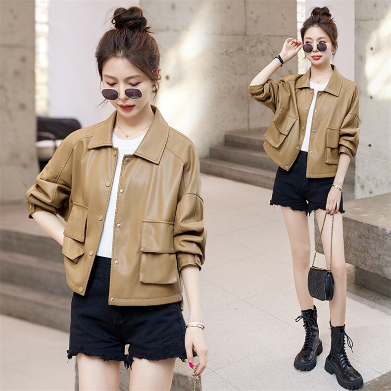 春装新品简约翻领设计传出女人韵味，女装皮衣，臻衣坊