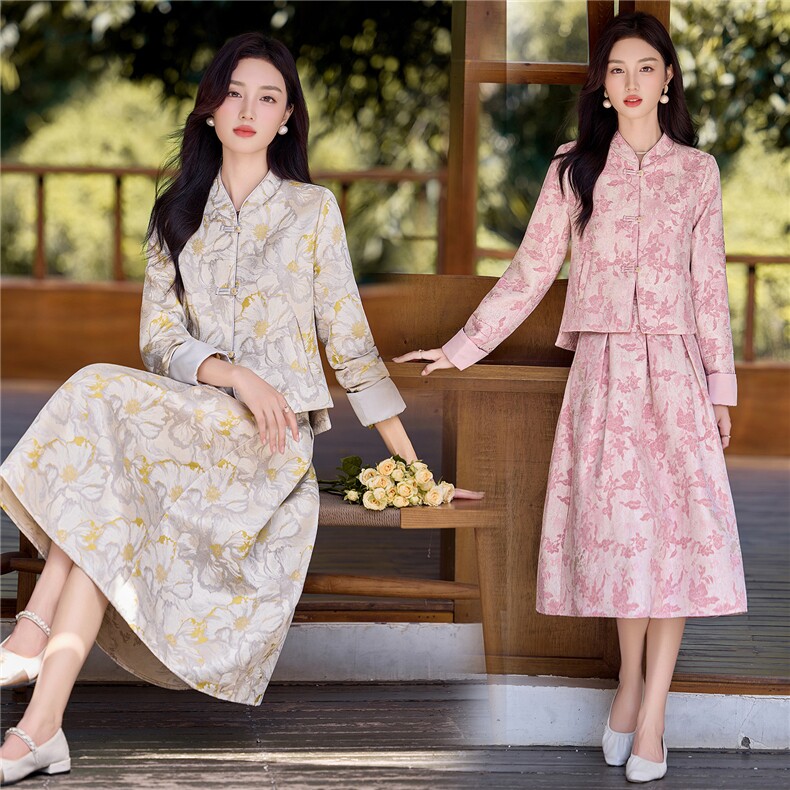 香莘料3130时尚复古新中式提花两件套裙，女装套装/套裙，香莘料