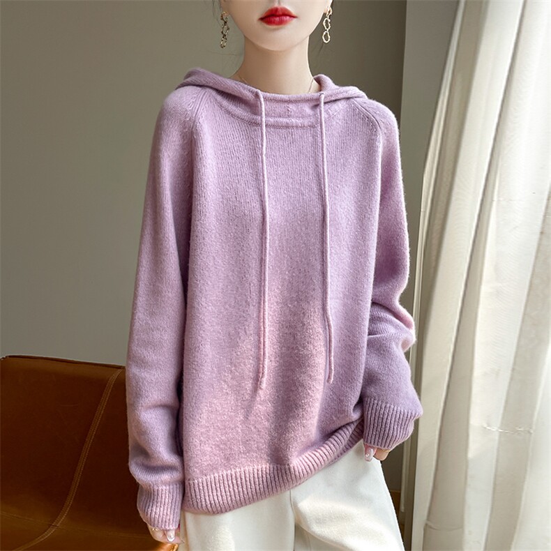 慵懒风77%山羊绒衫23%桑蚕丝针织连帽卫衣女秋冬软糯薄款宽松毛衣，女装针织衫/毛衣，多娇羊绒