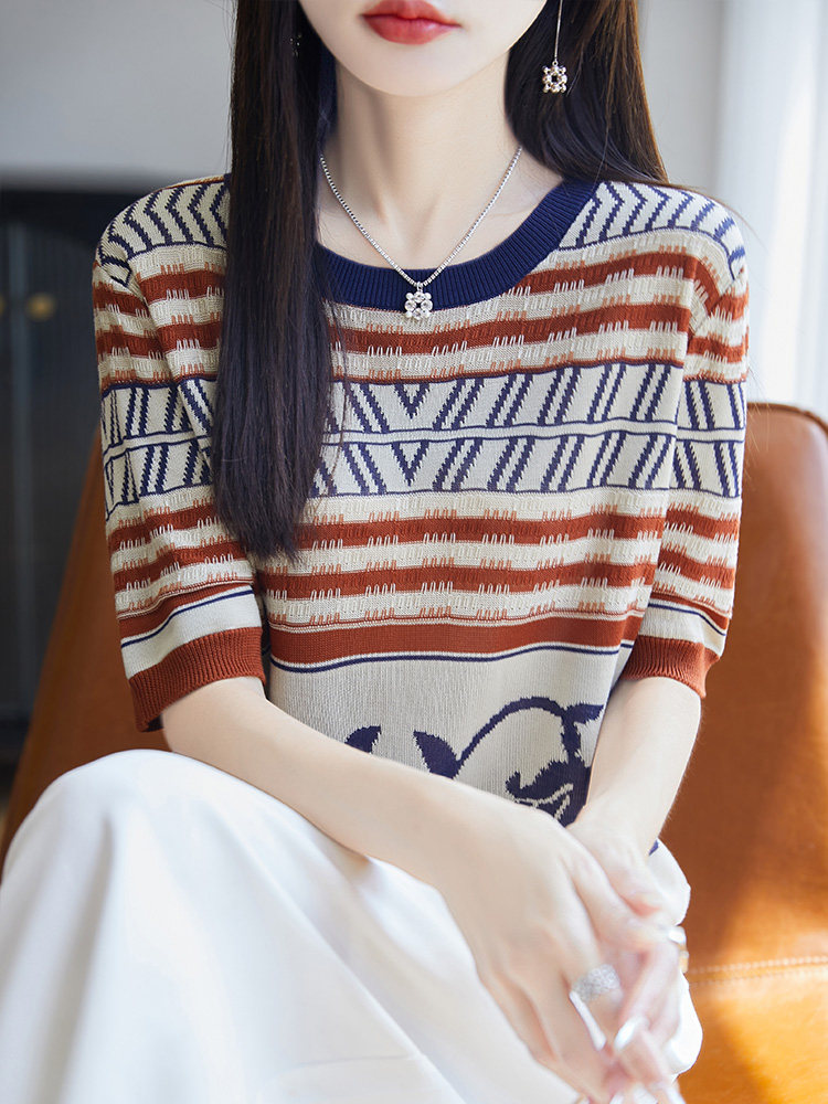 圆领常规其他五分袖2025年夏季复古提花撞色短袖圆领夏季,女装T恤,暖圣羊羊绒