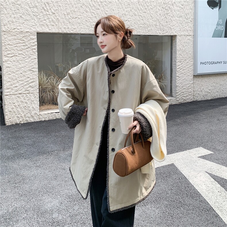 高级感韩系宽松显瘦百搭休闲加厚冬季中长款外套羊羔毛保暖棉服，女装棉衣/棉服，2C166