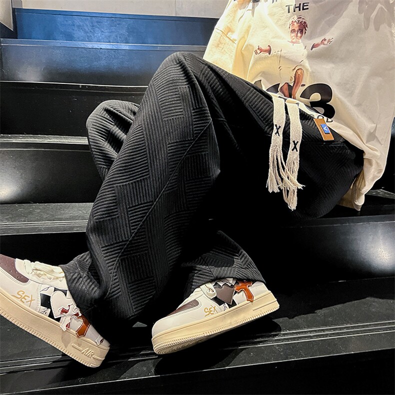 K010P48内景楼梯2023几何纹理百搭休闲直筒裤宽松大码裤子,男装休闲裤,电商A026-1
