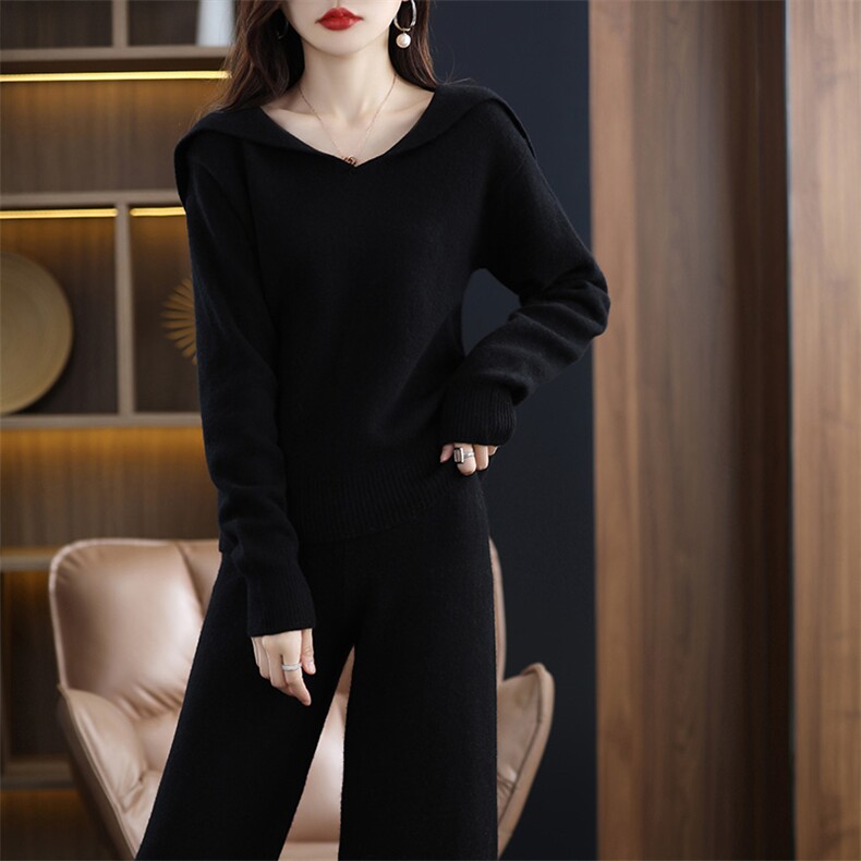 时尚显瘦女士羊毛套装休闲舒适两件套黑色百搭气质款，女装套装/套裙，暖思雅