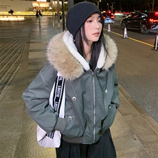 现货重磅boxy短款棉衣座山雕大毛毛领男女棉服水洗工装厚外套，男装棉衣，电商A486