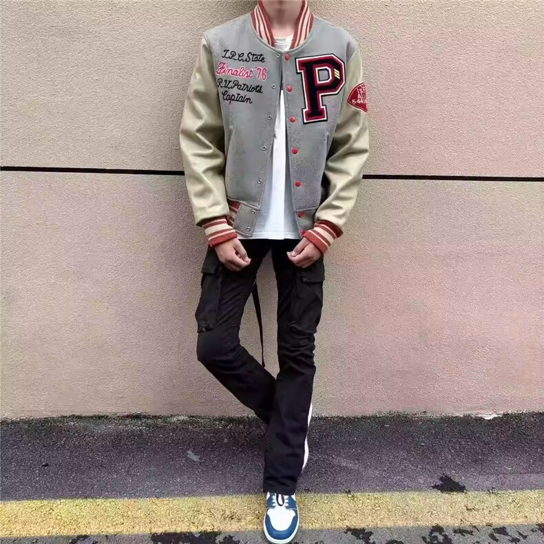 1506/QJK80340/P70毛呢拼接PU皮潮牌刺绣棒球服高街风夹克,男装夹克,星座1506