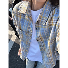 美式复古黄蓝格子长袖衬衫男秋季cleanfit氛围感衬衣重磅潮牌外套，男装衬衫，电商A086-1