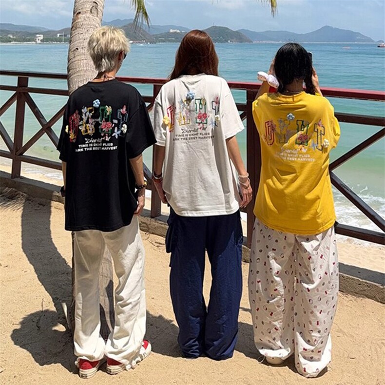 万针全刺绣工艺抖音得物高品质260克重磅纯棉双纱美式高街短袖T恤,男装T恤,电商A486-1