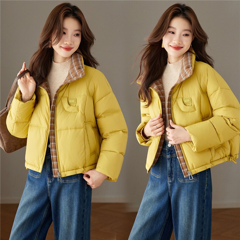 2025年冬季格子拼接立领短款白鸭绒羽绒服短外套，女装羽绒服，简韵佳