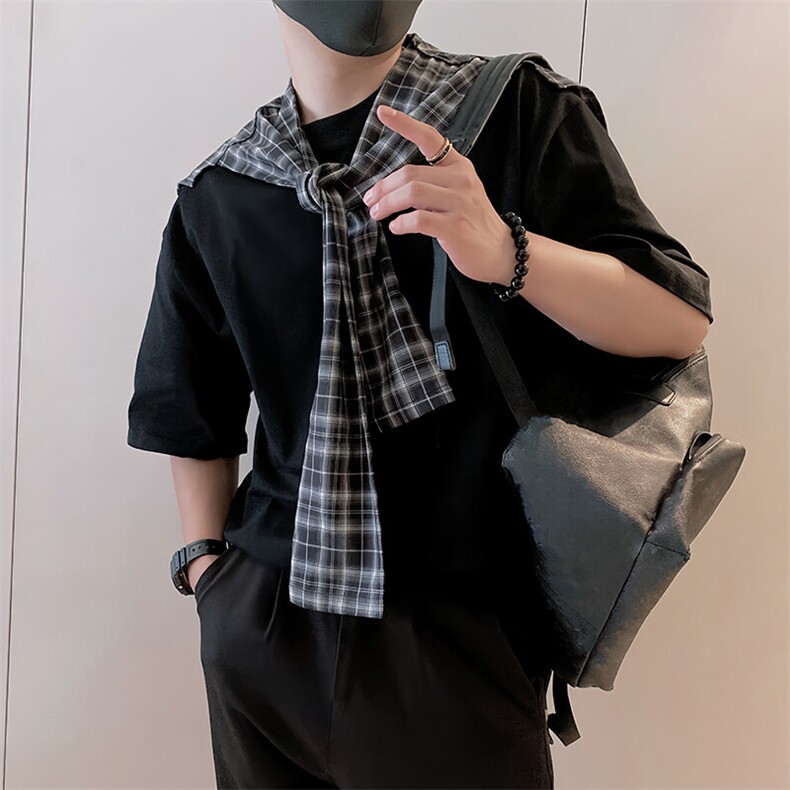 8955/P58控88夏季简约百搭可拆卸假两件格子披肩男短袖T恤黑首3,男装T恤,星座305B