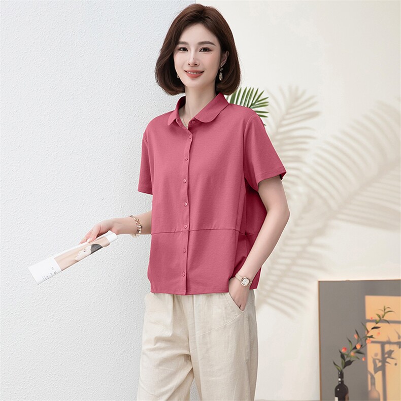 短袖衬衫女夏季2025年新款宽松休闲衬衣中年妈妈简约百搭显瘦上衣,女装衬衫,阿丹