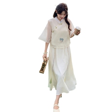 民族风新中式短袖绣花衬衫半身裙两件套仙女裙松紧腰2024年夏季，女装连衣裙，诺蝶