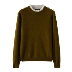 2025年秋季新款圆领木耳边肩部三颗扣针织上衣时尚休闲通勤百搭，女装羊绒衫，绒创羊绒