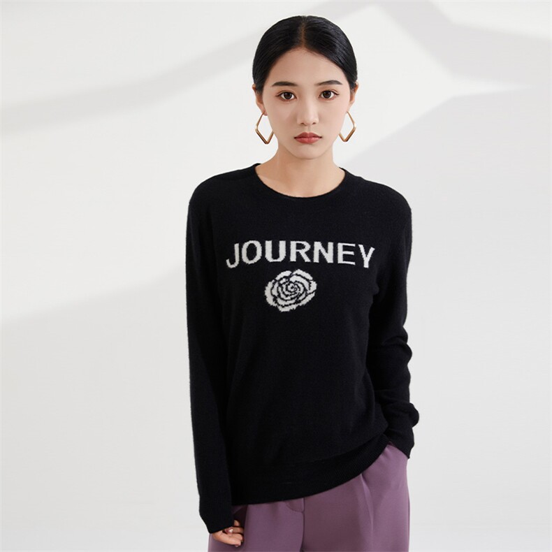 简约款百搭套头半高领字母图案显瘦打底羊绒衫，女装羊绒衫，恒爱羊绒