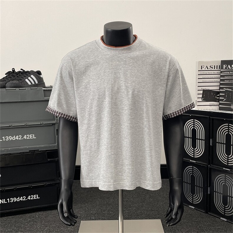 2025夏季撞色双领口短袖男日系简约假二件格子T恤宽松半截袖上衣，男装T恤，星座506A