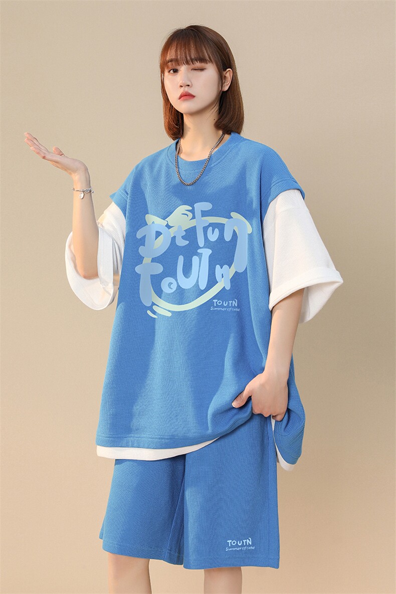 中性2023夏季印花圆领ins短袖运动风宽松T恤套装TZ603P75控98,男装休闲套装,A247A