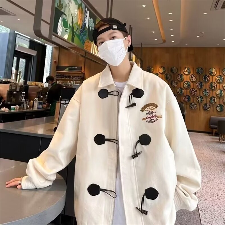 美式复古宽松棒球服外套女春秋款高级感翻领牛角扣夹克900/P58图片