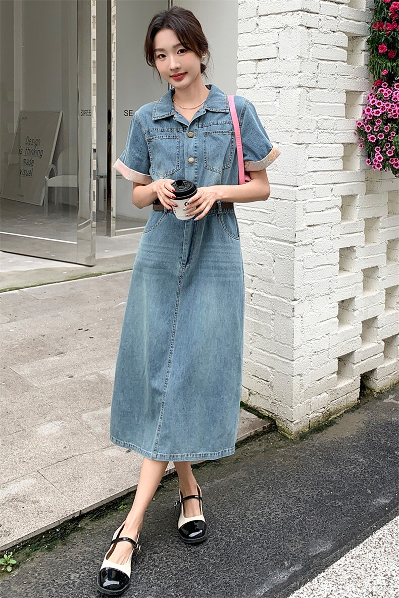 法式牛仔连衣裙女2024新款夏季长款小个子收腰女装a字裙子,女装连衣裙,纯色衣恋