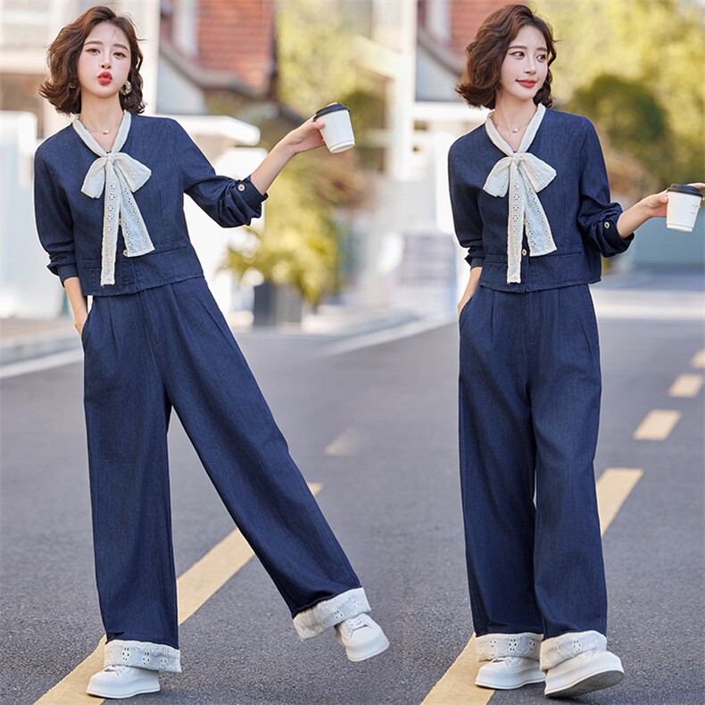 早秋穿搭一整套蝴蝶结牛仔套装女2024新款高腰小香风阔腿裤两件套,女装套装/套裙,橙子家
